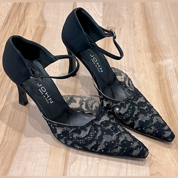 St. John Vintage 90s Black Lace / Leather Ankle Strap Evening Heels - Size 7 - Picture 2 of 13